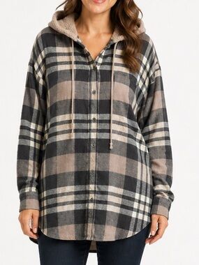 American Eagle Women’s S Brown Plaid Sherpa Hood Flannel Shirt Jacket